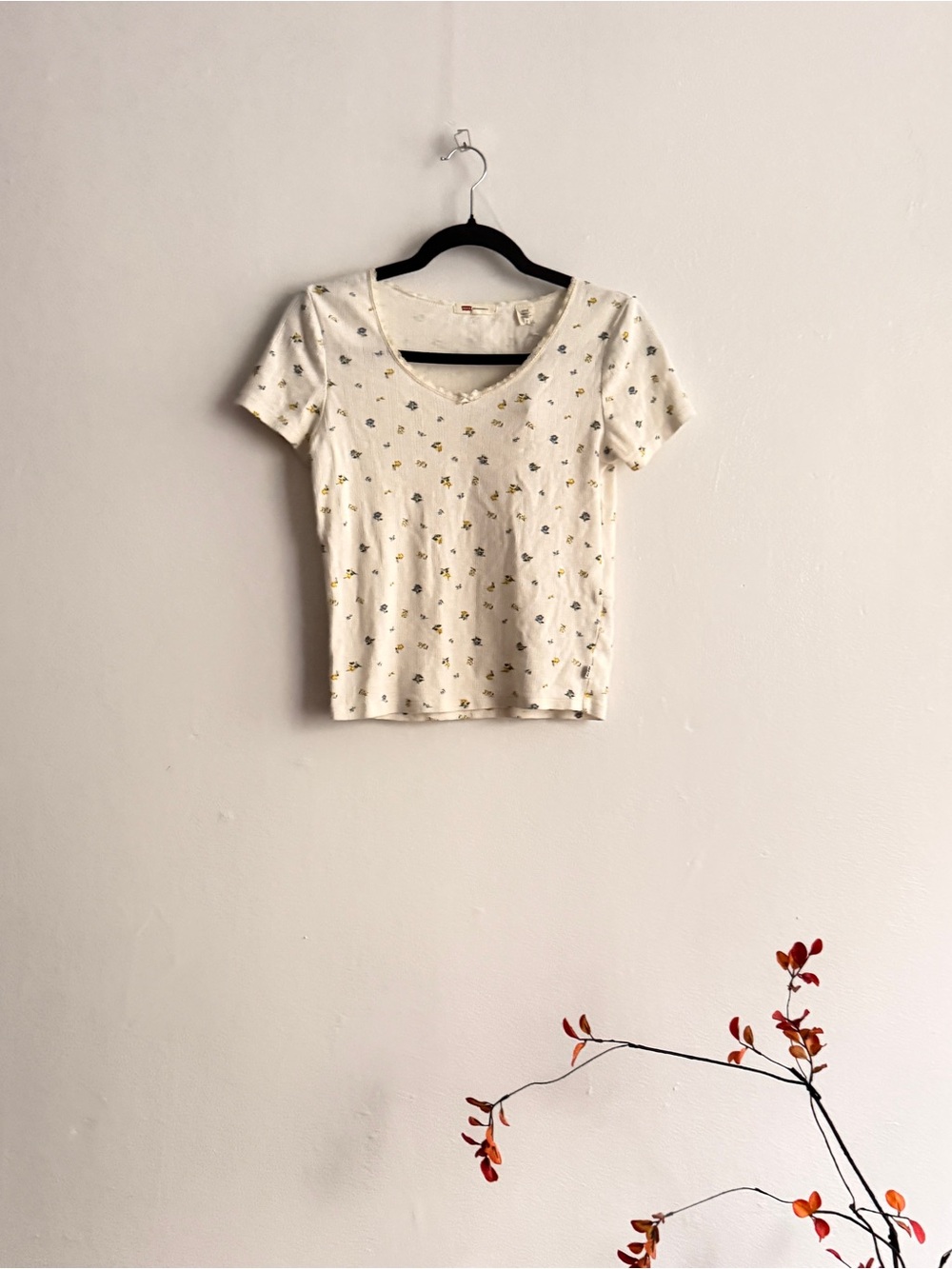 Levi’s Cream Short-Sleeve V-Neck Tee with Floral Print